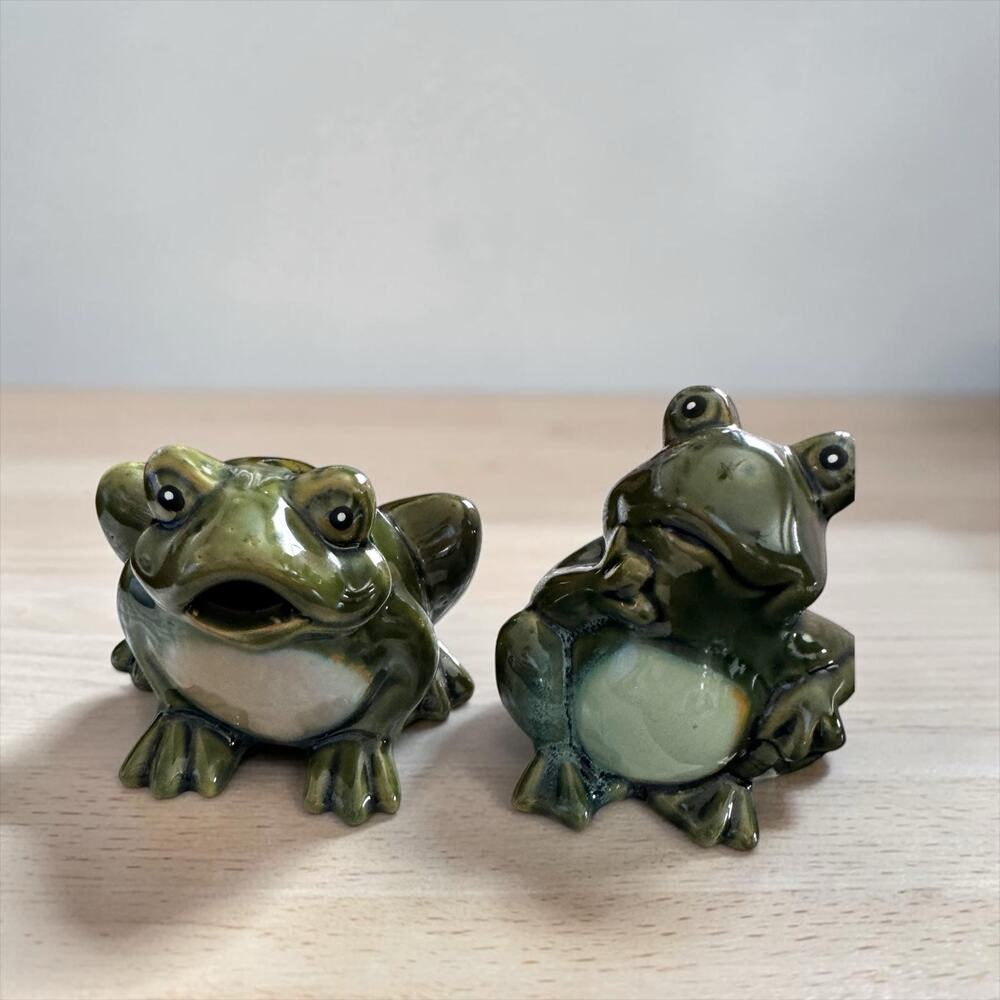 Vintage Ceramic Frog Figurines Set Green Drip Glaze